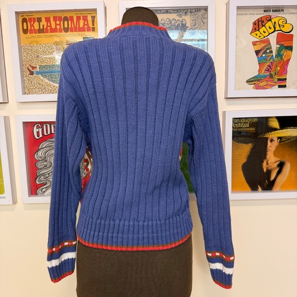 Vintage 90s Blue Chunky Knit Patchwork Embroidered Fall Winter Sweater - Picture 2 of 8